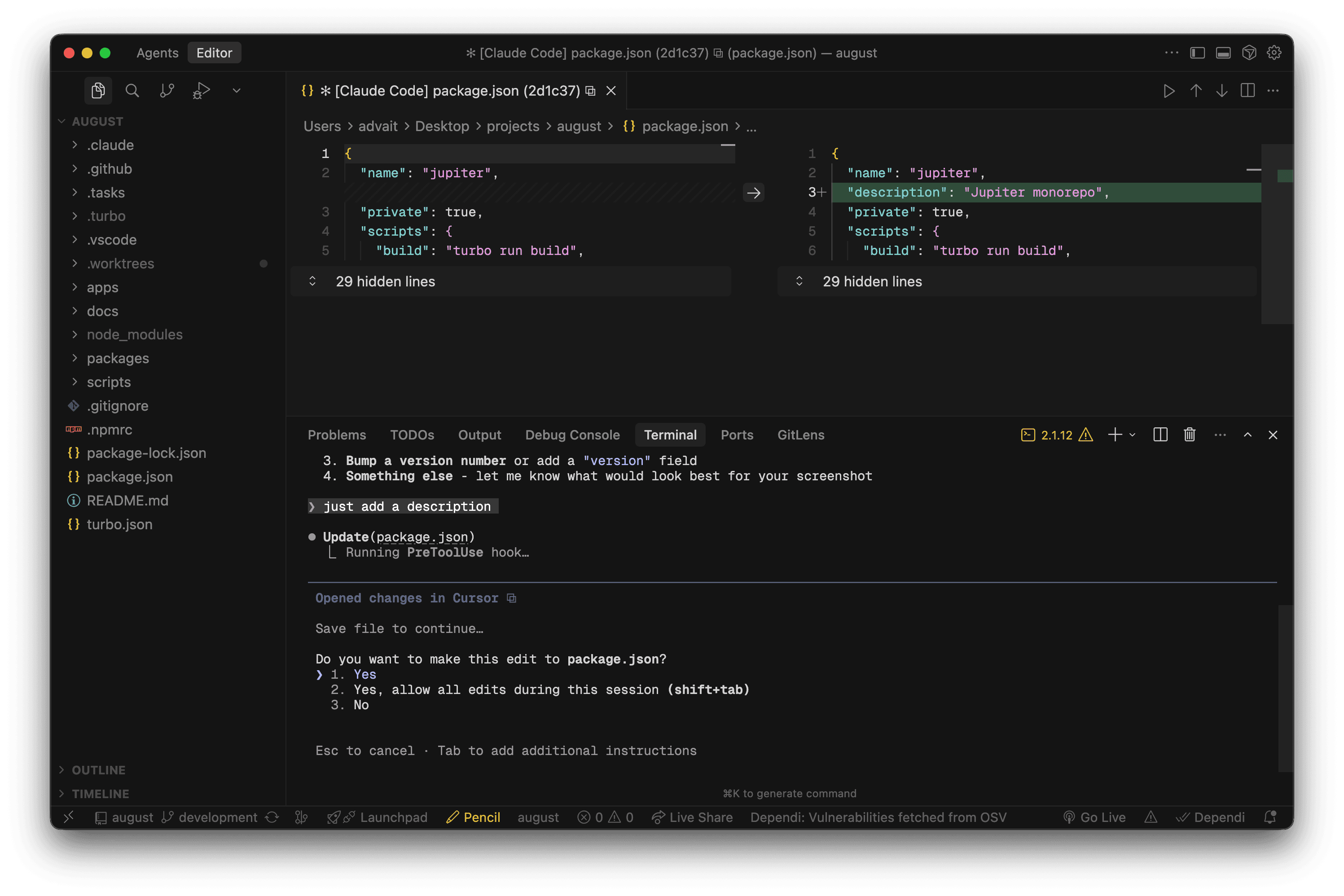 Claude Code IDE integration showing a file diff